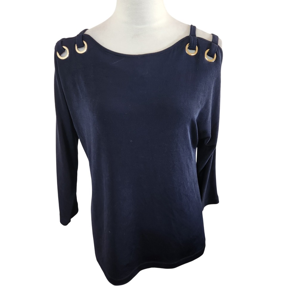 Chico's 0 Travelers Size Small Navy Blue Cold Shoulder Top Office Stretch Slinky
